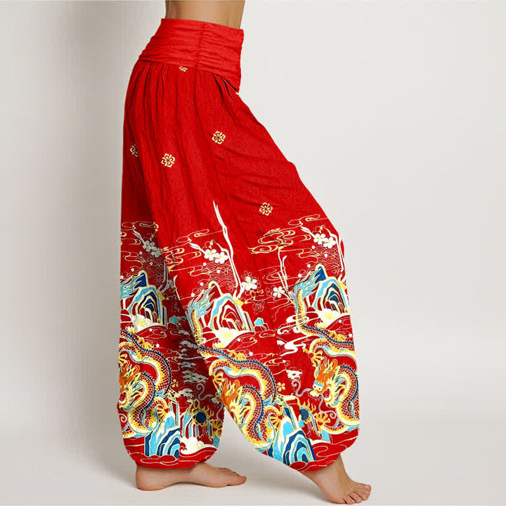 Buddha Stones Pure Cotton Dragon Cloud Wave Pattern Women's Elastic Waist Harem Pants - image 7
