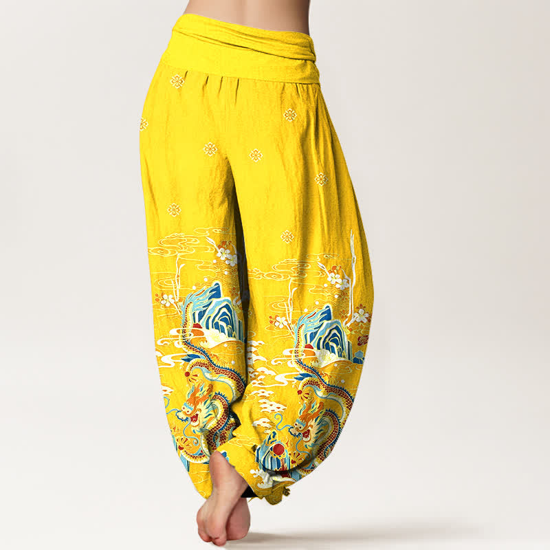 Buddha Stones Pure Cotton Dragon Cloud Wave Pattern Women's Elastic Waist Harem Pants - image 9