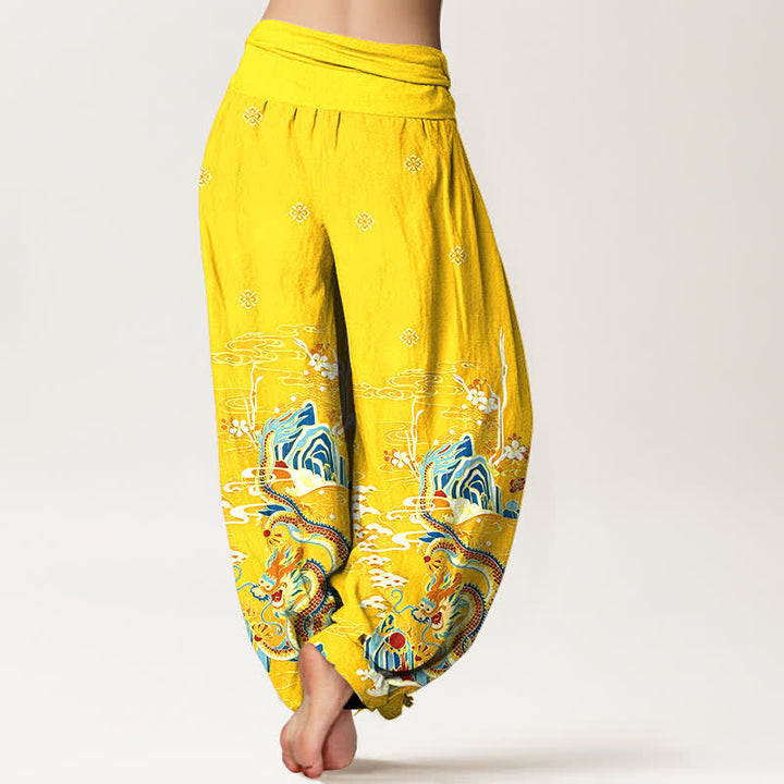 Buddha Stones Pure Cotton Dragon Cloud Wave Pattern Women's Elastic Waist Harem Pants - image 9