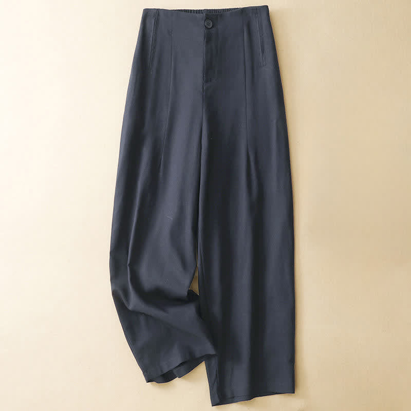 Buddha Stones Summer Minimalist Button-Up High Waist Solid Linen Women's Harem Pants With Pockets  - MidnightBlue - US12，UK/AU16，EU44 (3XL) - image 3