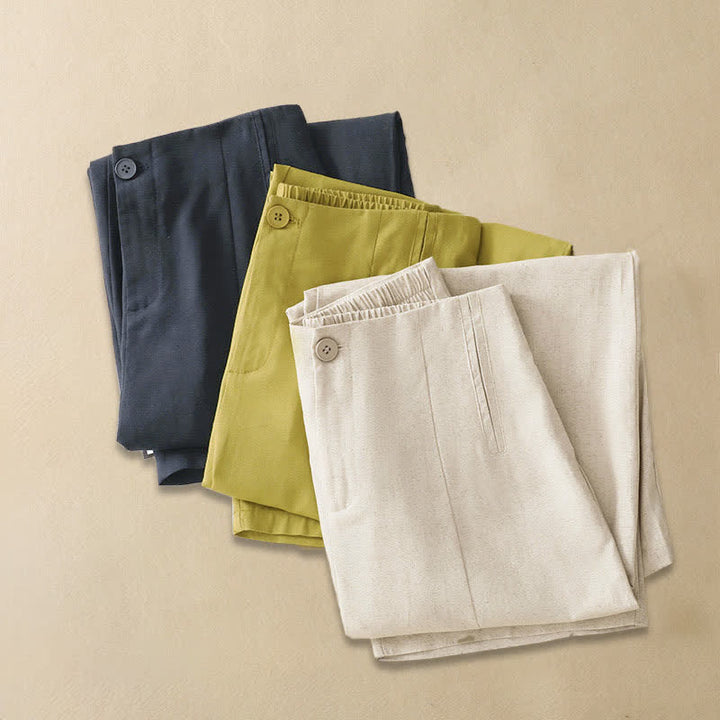 Buddha Stones Summer Minimalist Button-Up High Waist Solid Linen Women's Harem Pants With Pockets  - image 14