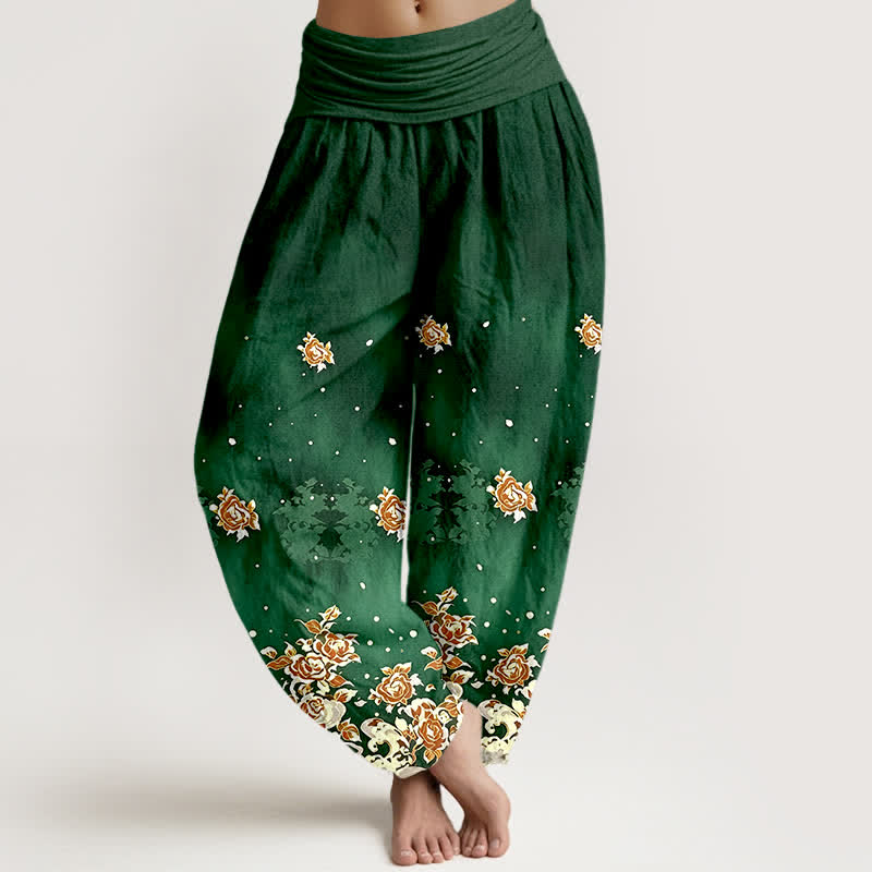Buddha Stones Pure Cotton Vintage Rose Floral Pattern Women's Elastic Waist Harem Pants - ForestGreen - US16，UK/AU20，EU48 (3XL) - image 0