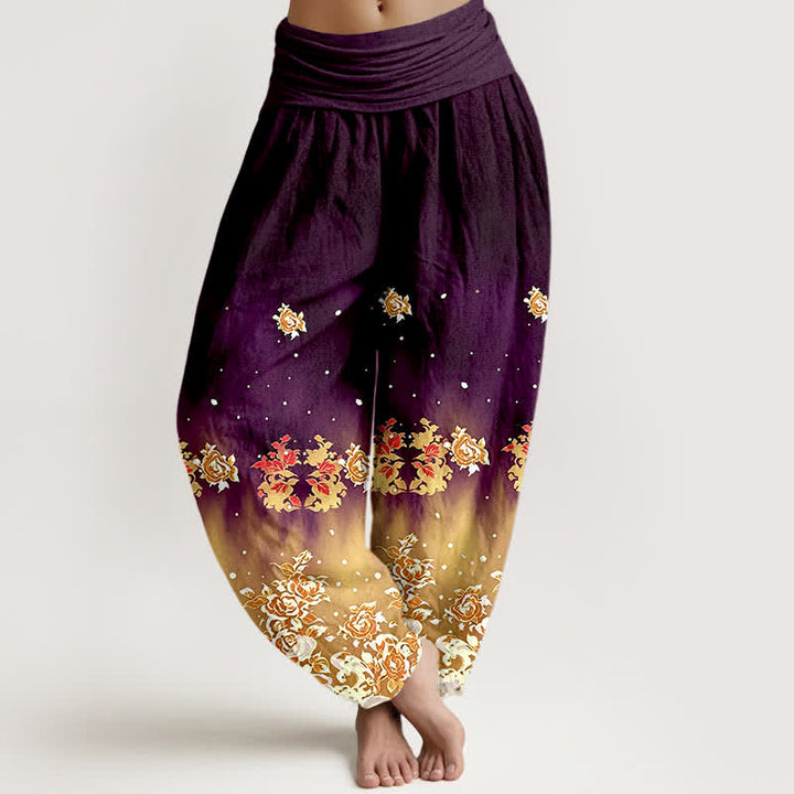 Buddha Stones Pure Cotton Vintage Rose Floral Pattern Women's Elastic Waist Harem Pants - Purple - US16，UK/AU20，EU48 (3XL) - image 8