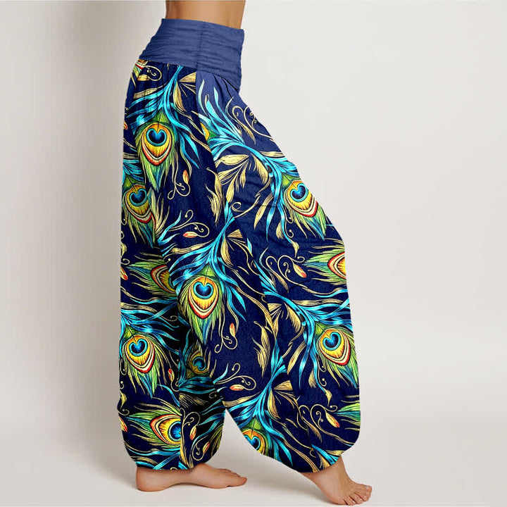 Buddha Stones Pure Cotton Peacock Feather Pattern Women's Elastic Waist Harem Pants - image 2