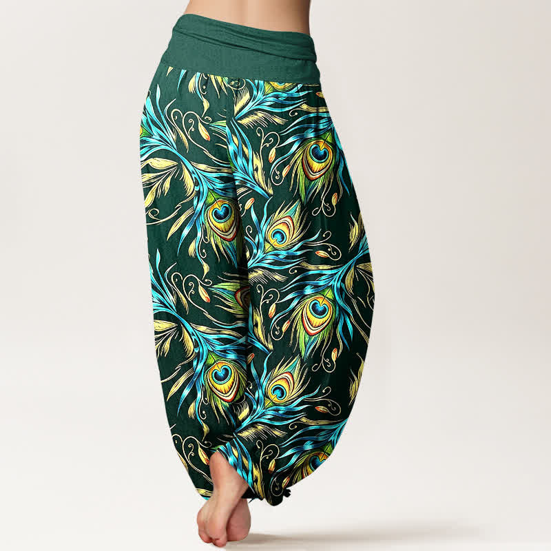 Buddha Stones Pure Cotton Peacock Feather Pattern Women's Elastic Waist Harem Pants - image 6