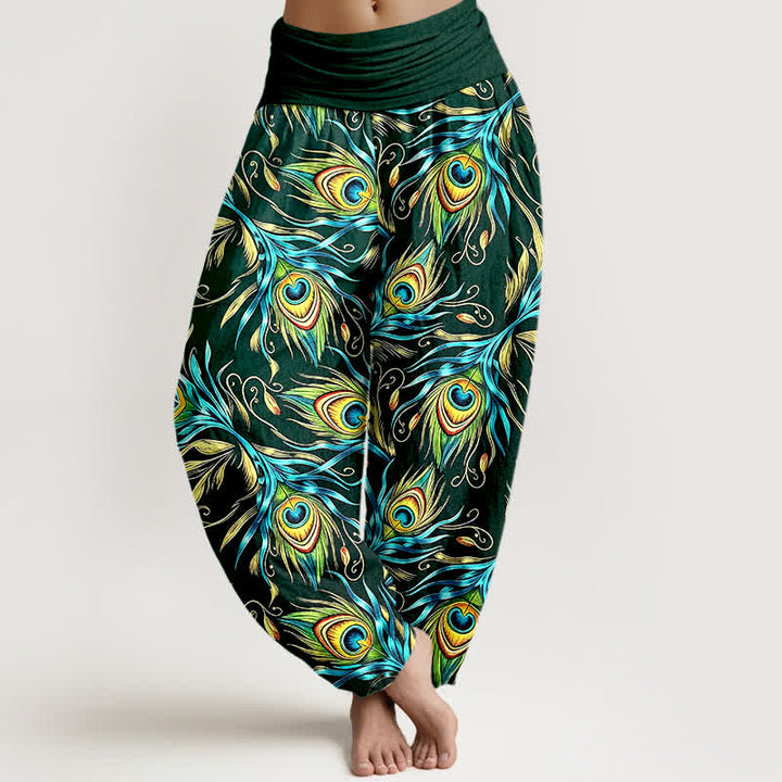 Buddha Stones Pure Cotton Peacock Feather Pattern Women's Elastic Waist Harem Pants - ForestGreen - US16，UK/AU20，EU48 (3XL) - image 5