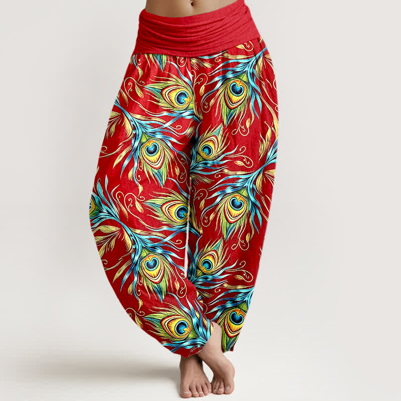 Buddha Stones Pure Cotton Peacock Feather Pattern Women's Elastic Waist Harem Pants - Red - US16，UK/AU20，EU48 (3XL) - image 8