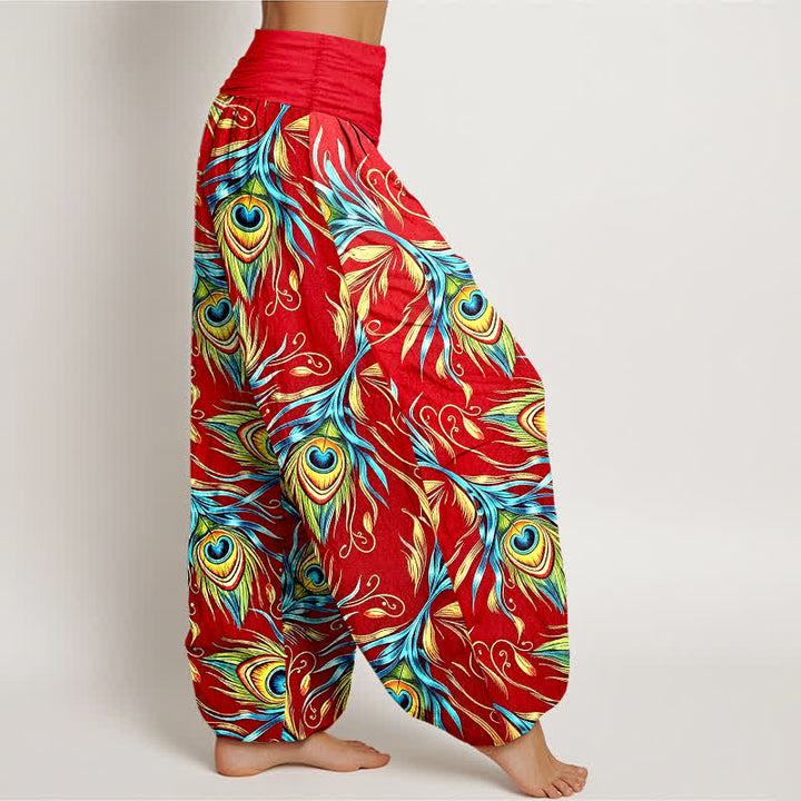 Buddha Stones Pure Cotton Peacock Feather Pattern Women's Elastic Waist Harem Pants - image 10