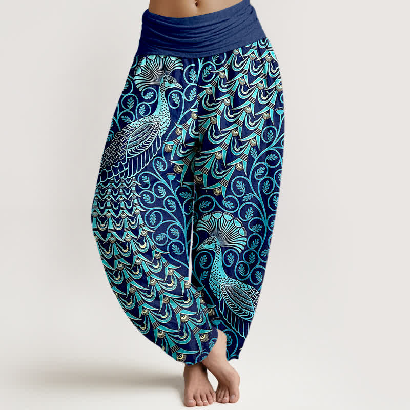 Buddha Stones Pure Cotton Peacock Feather Vine Pattern Women's Elastic Waist Harem Pants - Navy - US16，UK/AU20，EU48 (3XL) - image 0