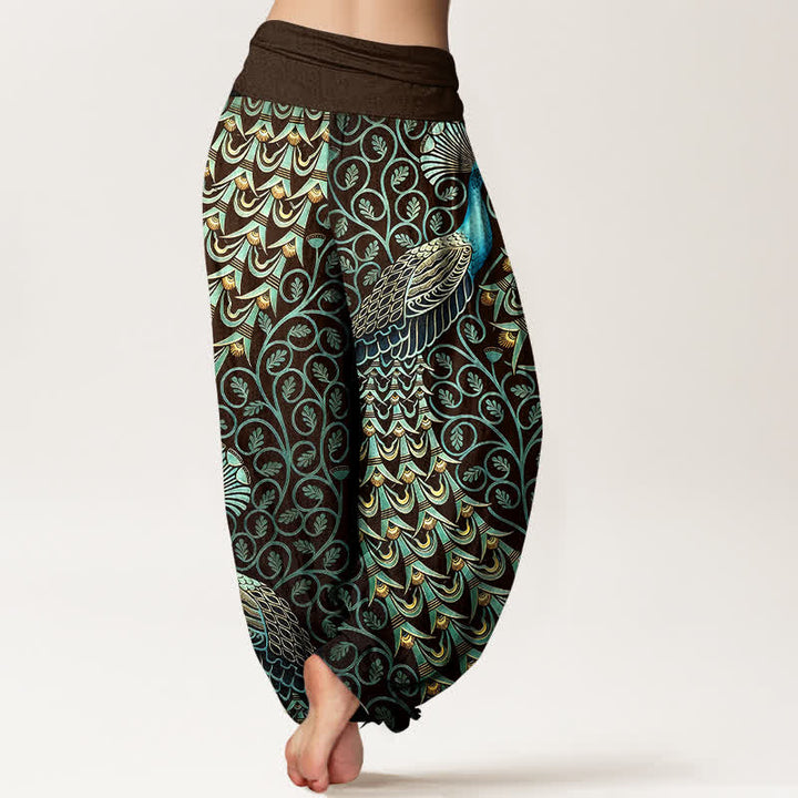 Buddha Stones Pure Cotton Peacock Feather Vine Pattern Women's Elastic Waist Harem Pants - image 6