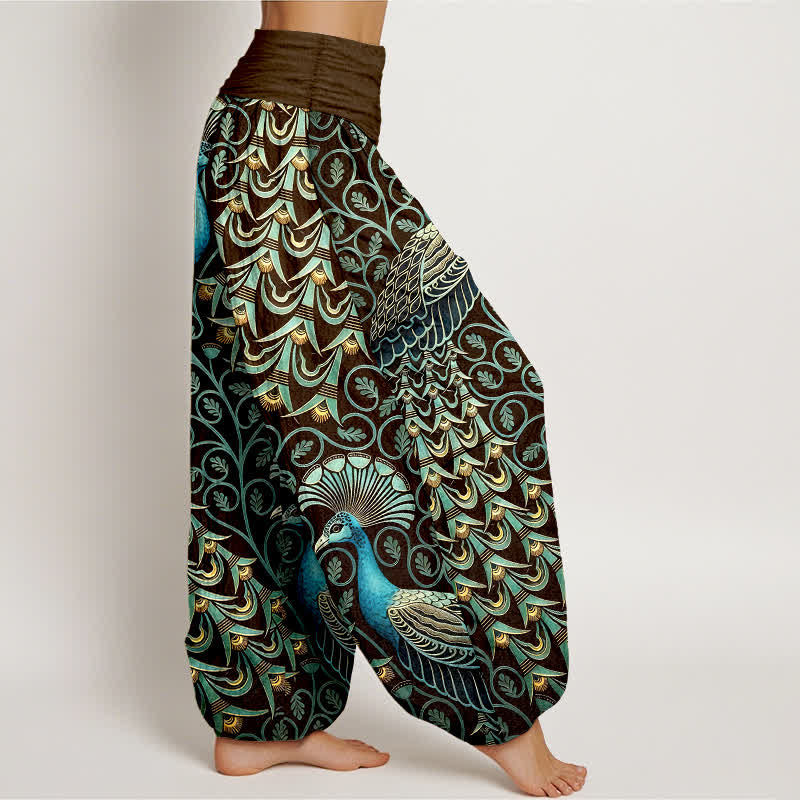 Buddha Stones Pure Cotton Peacock Feather Vine Pattern Women's Elastic Waist Harem Pants - image 7