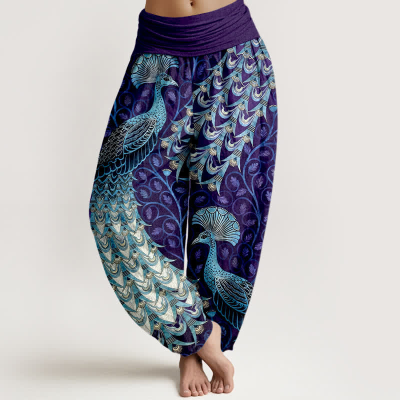 Buddha Stones Pure Cotton Peacock Feather Vine Pattern Women's Elastic Waist Harem Pants - Indigo - US16，UK/AU20，EU48 (3XL) - image 8