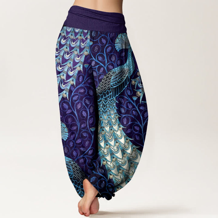 Buddha Stones Pure Cotton Peacock Feather Vine Pattern Women's Elastic Waist Harem Pants - image 9