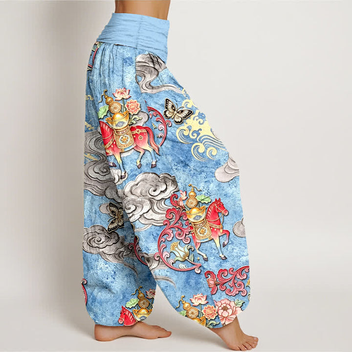 Buddha Stones Pure Cotton Auspicious Clouds Horse Flower Pattern Women's Elastic Waist Harem Pants - image 2