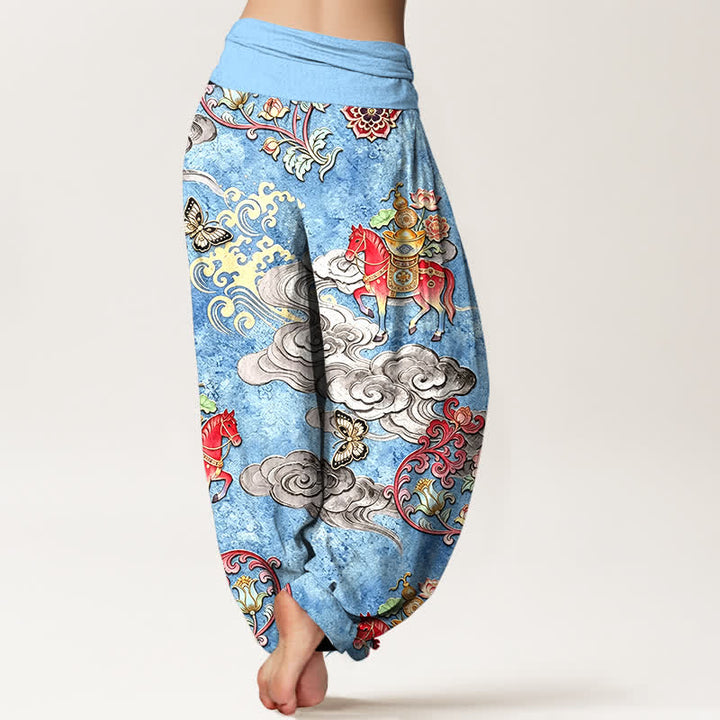 Buddha Stones Pure Cotton Auspicious Clouds Horse Flower Pattern Women's Elastic Waist Harem Pants - image 1