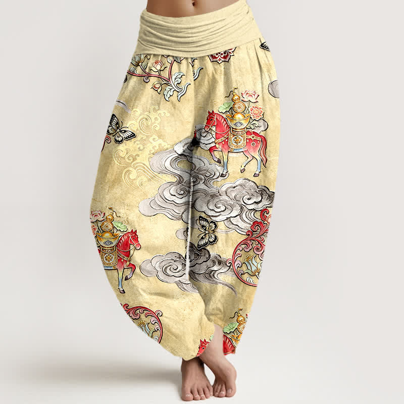 Buddha Stones Pure Cotton Auspicious Clouds Horse Flower Pattern Women's Elastic Waist Harem Pants - LemonChiffon - US16，UK/AU20，EU48 (3XL) - image 5