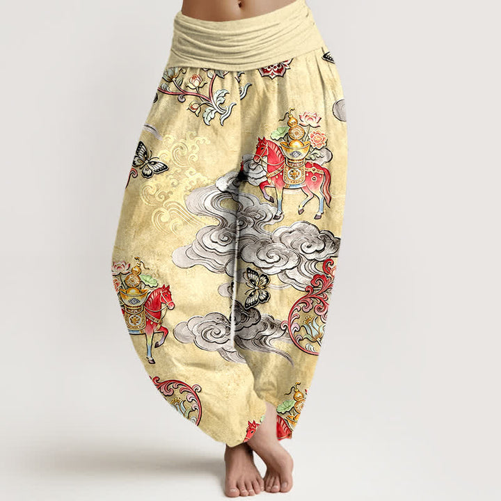 Buddha Stones Pure Cotton Auspicious Clouds Horse Flower Pattern Women's Elastic Waist Harem Pants - LemonChiffon - US16，UK/AU20，EU48 (3XL) - image 5