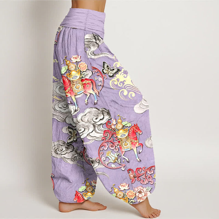 Buddha Stones Pure Cotton Auspicious Clouds Horse Flower Pattern Women's Elastic Waist Harem Pants - image 10