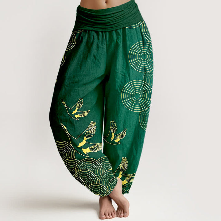 Buddha Stones Cotton Gold Bird Circle Pattern Women's Elastic Waist Harem Pants - ForestGreen - US16，UK/AU20，EU48 (3XL) - image 5