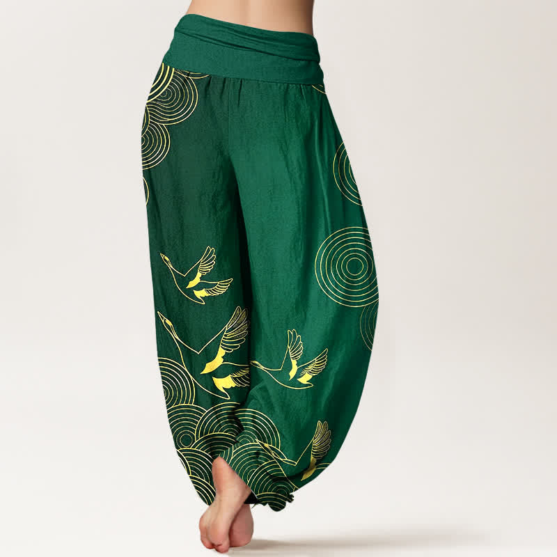 Buddha Stones Cotton Gold Bird Circle Pattern Women's Elastic Waist Harem Pants - image 6