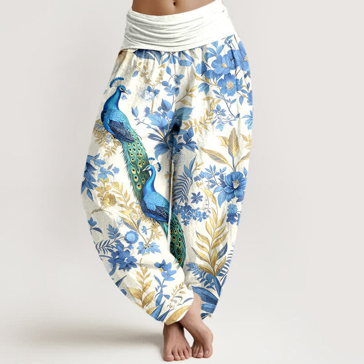Buddha Stones Pure Cotton Teal Peacock Floral Pattern Women's Elastic Waist Harem Pants - White - US16，UK/AU20，EU48 (3XL) - image 5