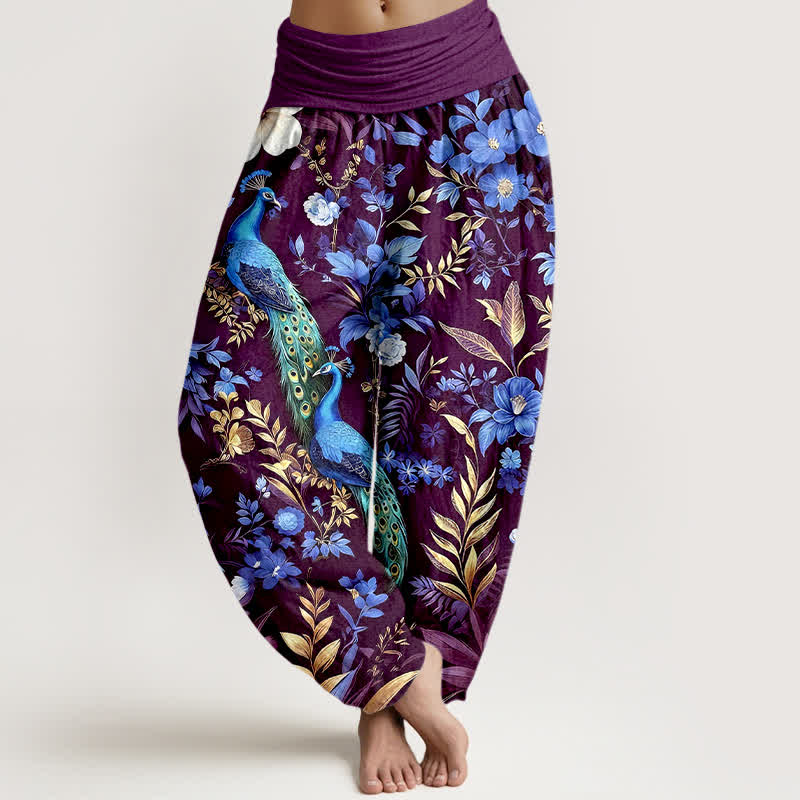 Buddha Stones Pure Cotton Teal Peacock Floral Pattern Women's Elastic Waist Harem Pants - Purple - US16，UK/AU20，EU48 (3XL) - image 8