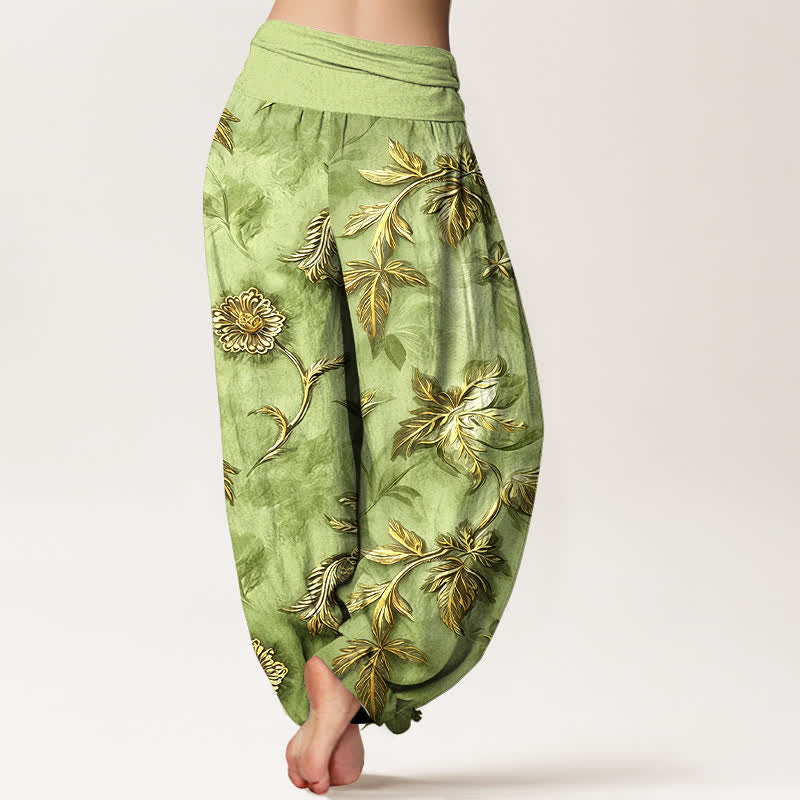 Buddha Stones Cotton Botanical Leaf Pattern Women's Elastic Waist Harem Pants - image 1