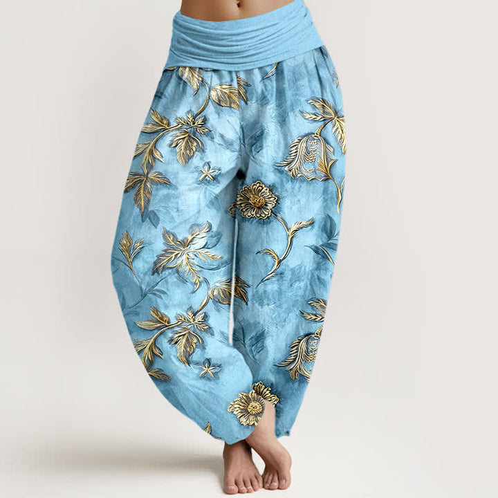 Buddha Stones Cotton Botanical Leaf Pattern Women's Elastic Waist Harem Pants - PowderBlue - US16，UK/AU20，EU48 (3XL) - image 8