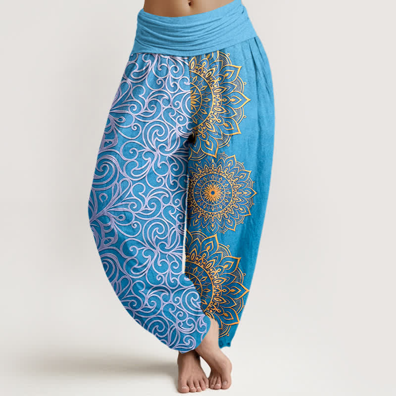 Buddha Stones Pure Cotton Golden Mandala Floral Pattern Women's Elastic Waist Harem Pants - Turquoise - US16，UK/AU20，EU48 (3XL) - image 5