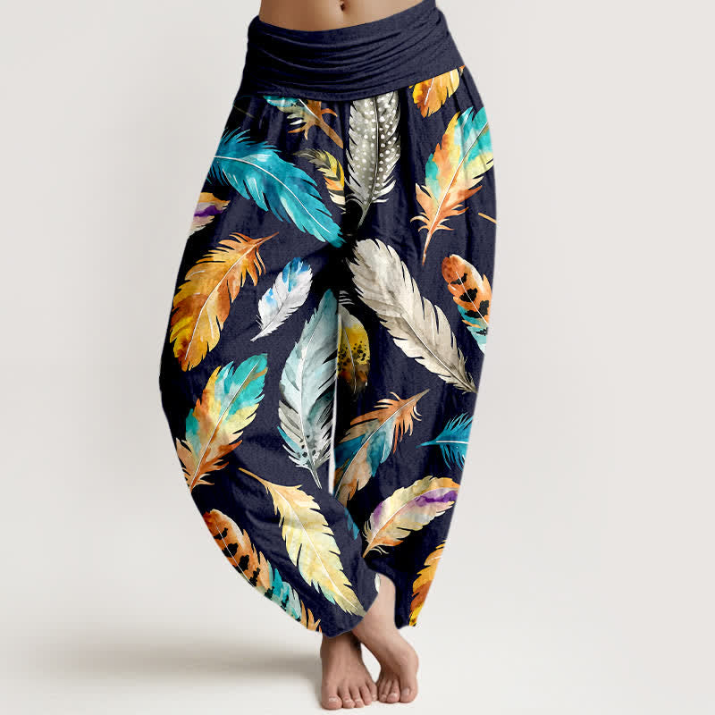 Buddha Stones Pure Cotton Colorful Feather Pattern Women's Elastic Waist Harem Pants - Navy - US16，UK/AU20，EU48 (3XL) - image 0