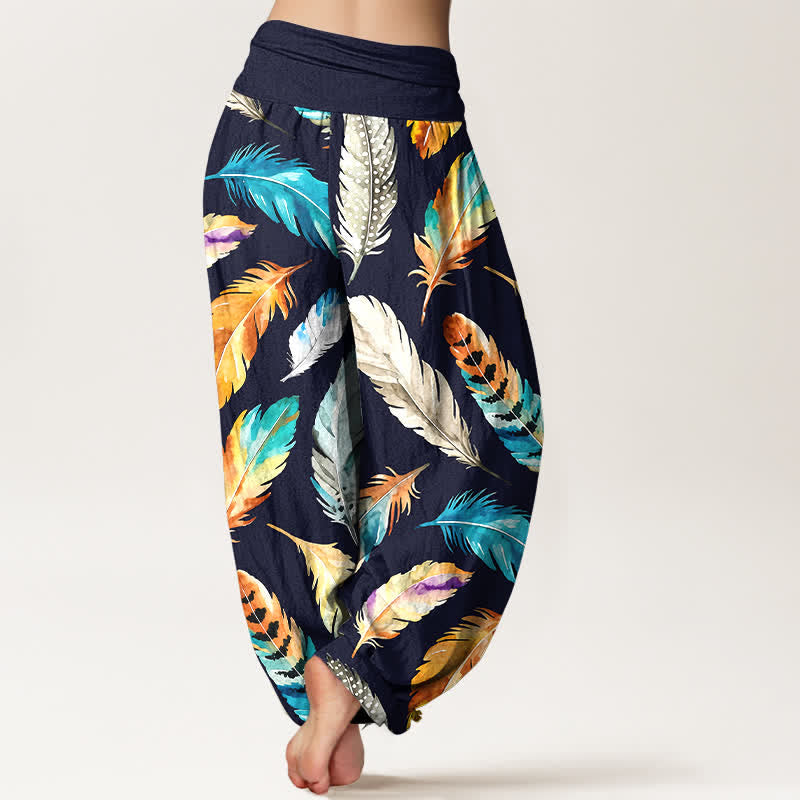 Buddha Stones Pure Cotton Colorful Feather Pattern Women's Elastic Waist Harem Pants - image 1