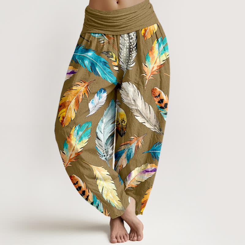 Buddha Stones Pure Cotton Colorful Feather Pattern Women's Elastic Waist Harem Pants - DarkKhaki - US16，UK/AU20，EU48 (3XL) - image 5