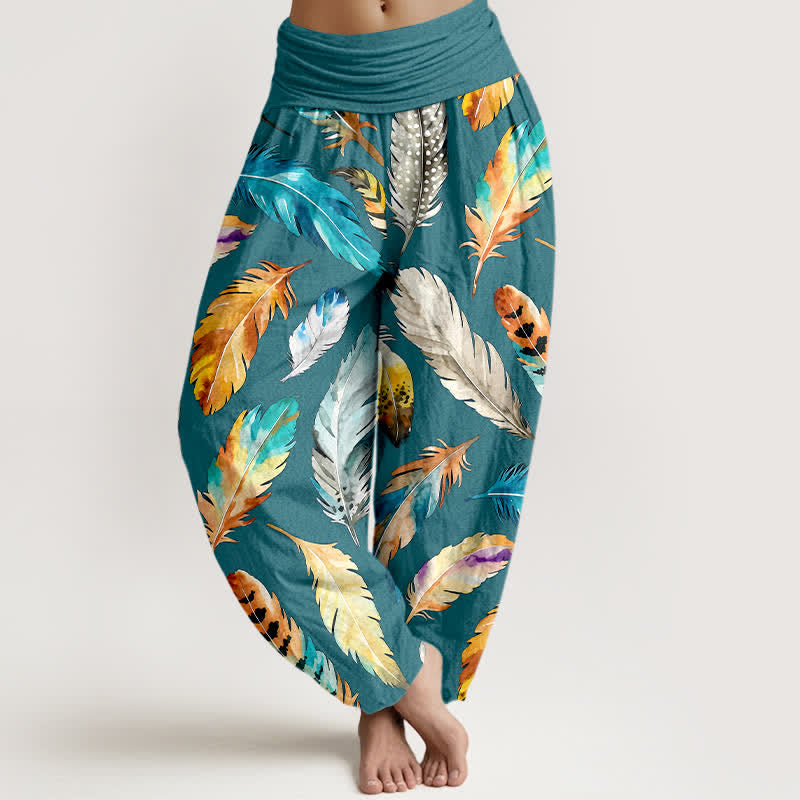 Buddha Stones Pure Cotton Colorful Feather Pattern Women's Elastic Waist Harem Pants - Teal - US16，UK/AU20，EU48 (3XL) - image 8