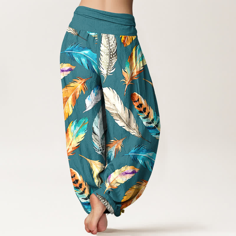 Buddha Stones Pure Cotton Colorful Feather Pattern Women's Elastic Waist Harem Pants - image 9