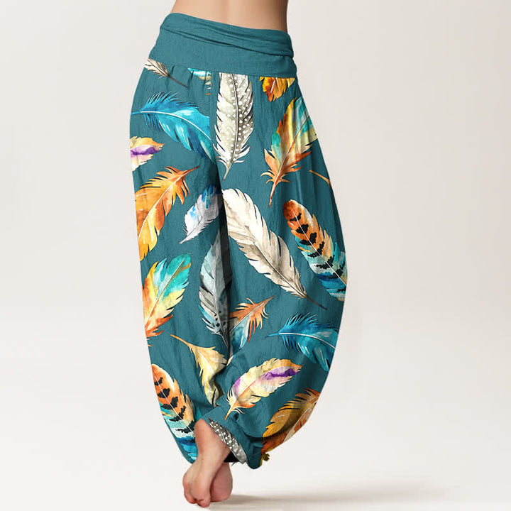 Buddha Stones Pure Cotton Colorful Feather Pattern Women's Elastic Waist Harem Pants - image 9