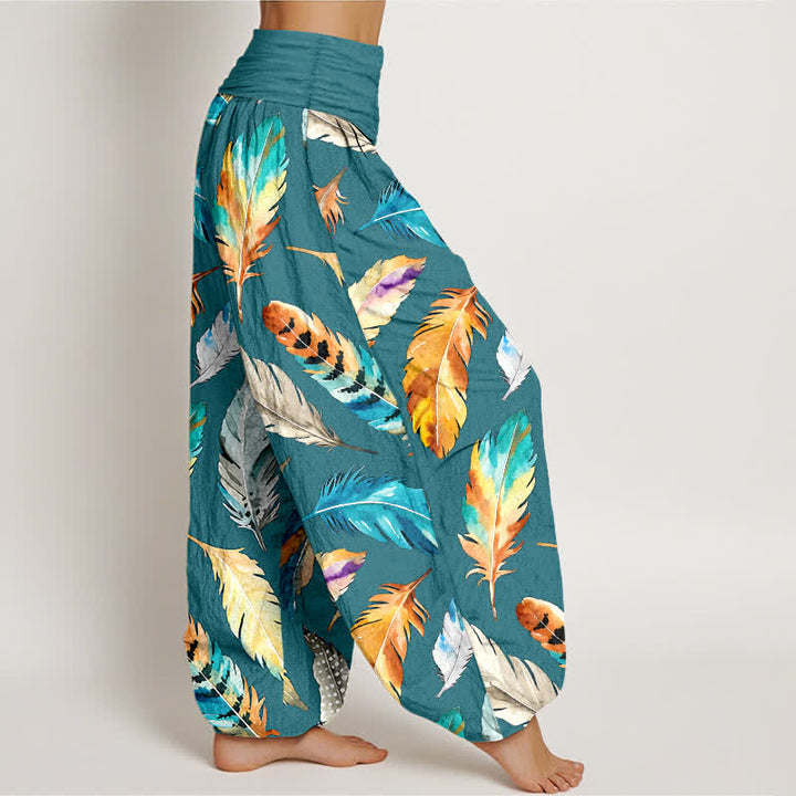 Buddha Stones Pure Cotton Colorful Feather Pattern Women's Elastic Waist Harem Pants - image 10