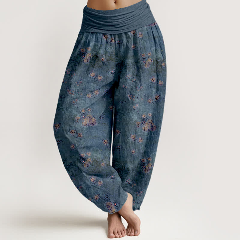 Buddha Stones Pure Cotton Scattered Marigold Floral Pattern Women's Elastic Waist Harem Pants - SteelBlue - US16，UK/AU20，EU48 (3XL) - image 8