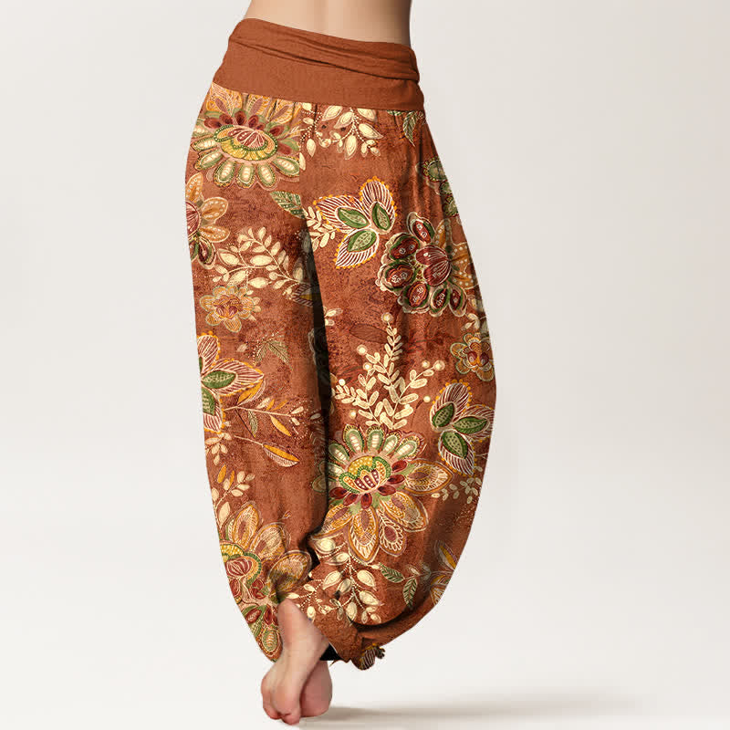 Buddha Stones Pure Cotton Bohemian Floral Leaf Pattern Women's Elastic Waist Harem Pants - image 1