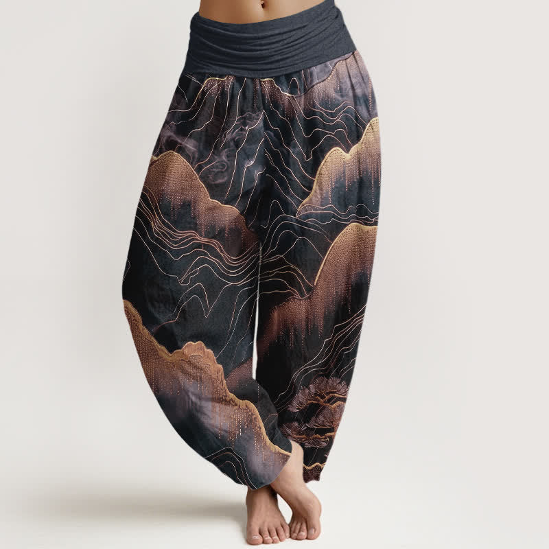 Buddha Stones Pure Cotton Midnight Mountain Gold Line Pattern Women's Elastic Waist Harem Pants - Black - US16，UK/AU20，EU48 (3XL) - image 5