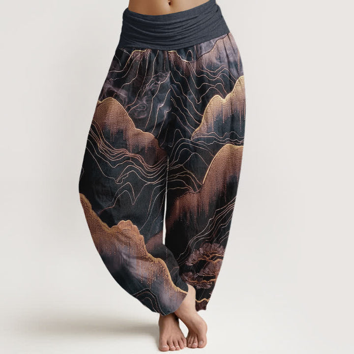 Buddha Stones Pure Cotton Midnight Mountain Gold Line Pattern Women's Elastic Waist Harem Pants - Black - US16，UK/AU20，EU48 (3XL) - image 5