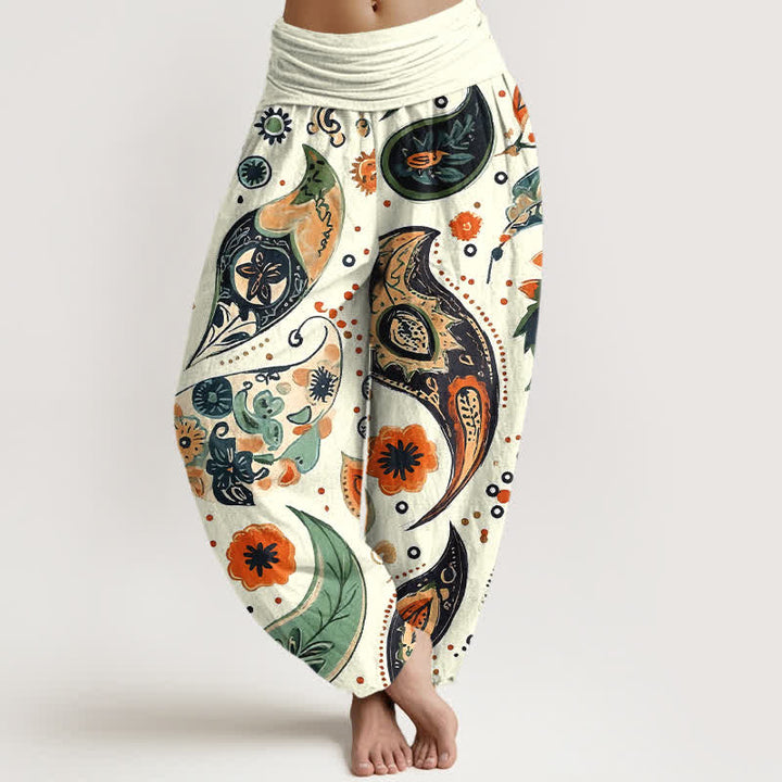 Buddha Stones Pure Cotton Bohemian Paisley Sunflower Pattern Women's Elastic Waist Harem Pants - Ivory - US16，UK/AU20，EU48 (3XL) - image 0