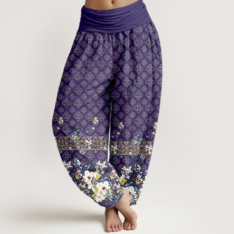 Buddha Stones Pure Cotton Bohemian Floral Border Pattern Women's Elastic Waist Harem Pants - Indigo - US16，UK/AU20，EU48 (3XL) - image 0