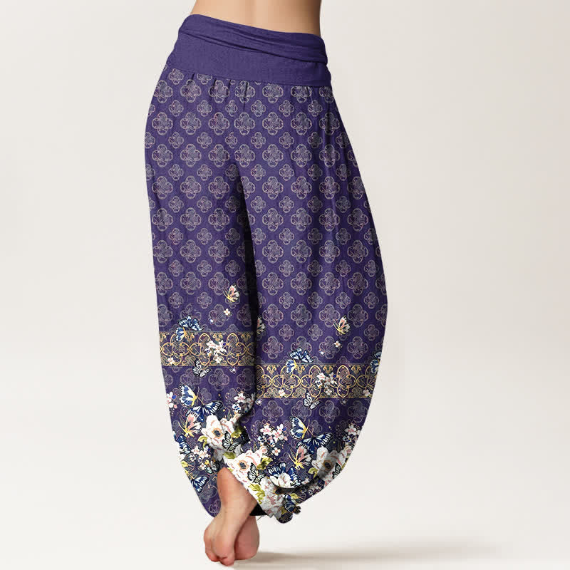Buddha Stones Pure Cotton Bohemian Floral Border Pattern Women's Elastic Waist Harem Pants - image 1