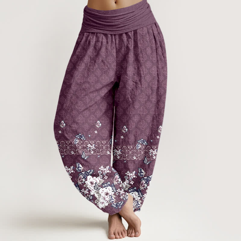 Buddha Stones Pure Cotton Bohemian Floral Border Pattern Women's Elastic Waist Harem Pants - Plum - US16，UK/AU20，EU48 (3XL) - image 5