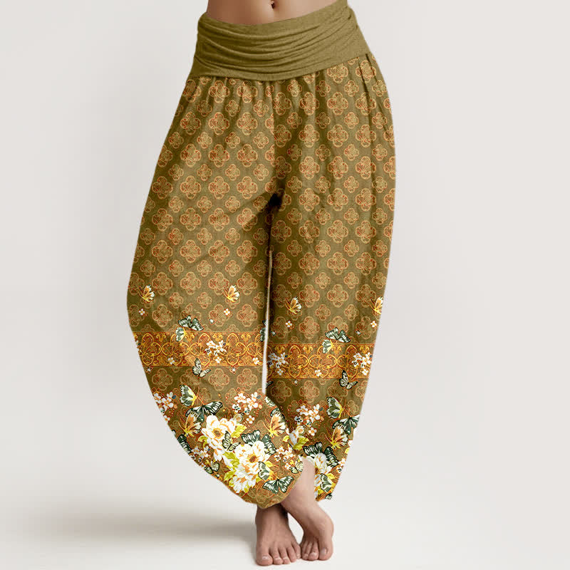 Buddha Stones Pure Cotton Bohemian Floral Border Pattern Women's Elastic Waist Harem Pants - Olive - US16，UK/AU20，EU48 (3XL) - image 8
