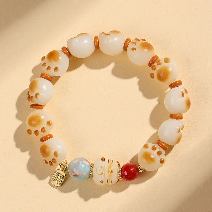 Buddha Stones Natural Bodhi Seed Fu Character Cat Paw Design Luck Bracelet - Cat Paw(Wrist Circumference:17–18 cm) - image 0