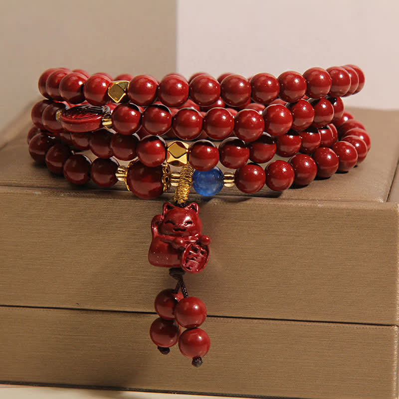 Buddha Stones Tibetan 108 Beads Cinnabar Lucky Cat Fu Character Fortune Mala - image 2