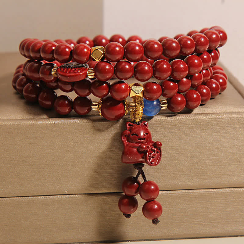 Buddha Stones Tibetan 108 Beads Cinnabar Lucky Cat Fu Character Fortune Mala - image 7