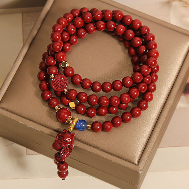 Buddha Stones Tibetan 108 Beads Cinnabar Lucky Cat Fu Character Fortune Mala - image 1