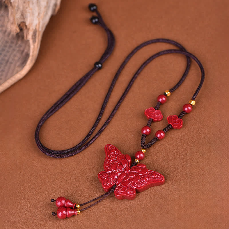 Buddha Stones Cinnabar Butterfly Freedom Rope Necklace - Cinnabar - image 0